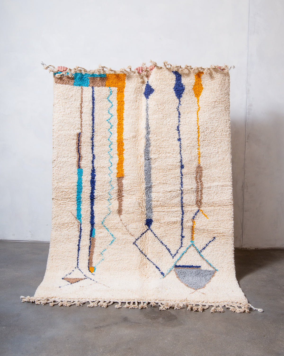 Modern, designer, handcrafted Berber rug from Morocco. Beniourain carpet with beautiful colours and patterns and fluffy wool texture.